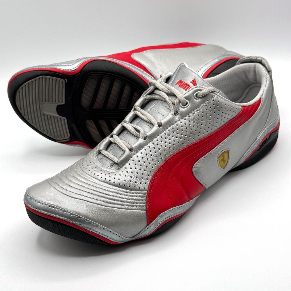 Vintage Puma Ferrari Speed Cat Motorsport Silver Red Leather Shoes US 11 EUR 44